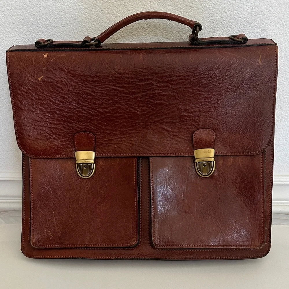 Vintage Classic Italian Genuine Brown Leather Briefcase for Men